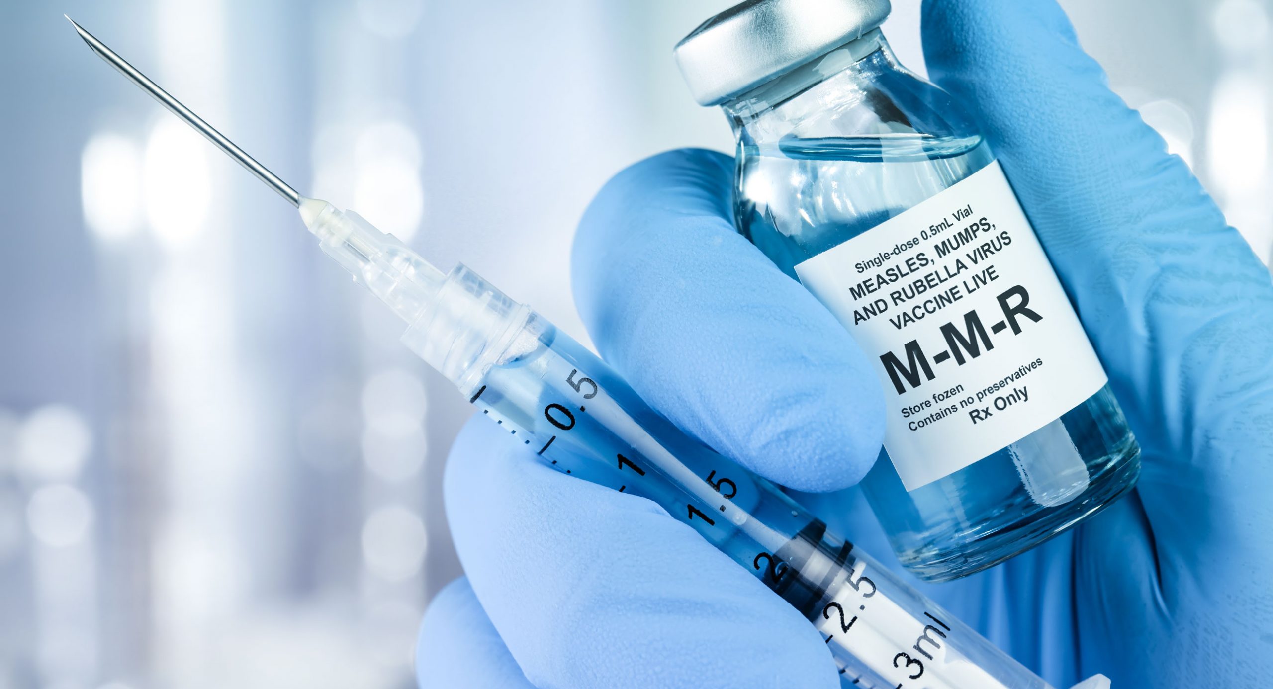 MMR vaccine bottle with injection needle